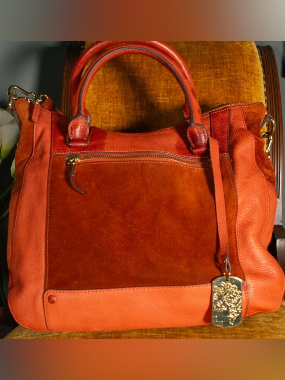 Vince Camuto Orange Suede and Cowhide Leather Handbag.